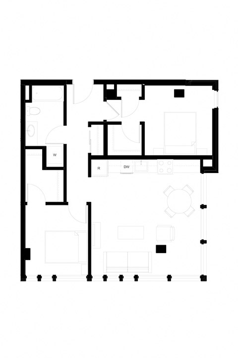 Floor plan for 2 beds, 2 baths, 886 sqft